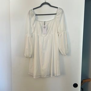 White Square Neck Dress Long Puff Sleeve A-Line Casual Short Mini Dress